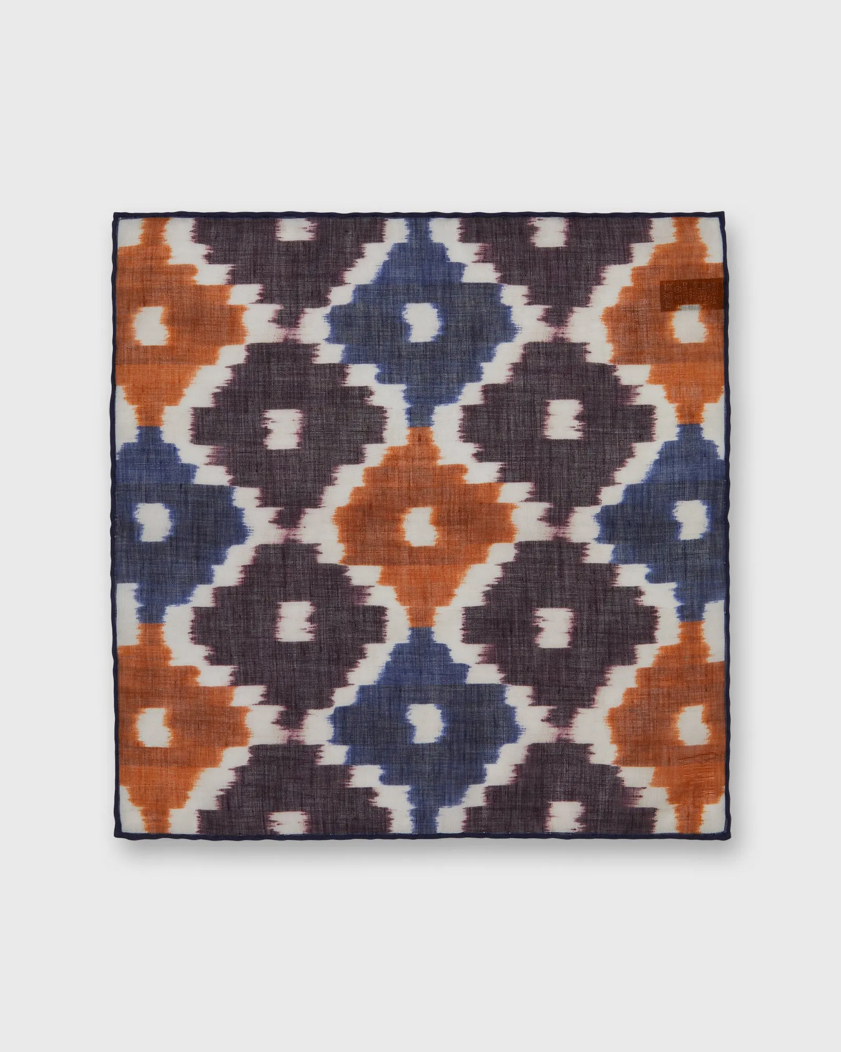 Cotton/Linen Print Pocket Square in Ginger/Navy Ikat