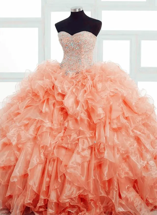 Crystal Beaded Sweetheart Bodice Corset Organza Ruffles Ball Gowns Quinceanera Dresses