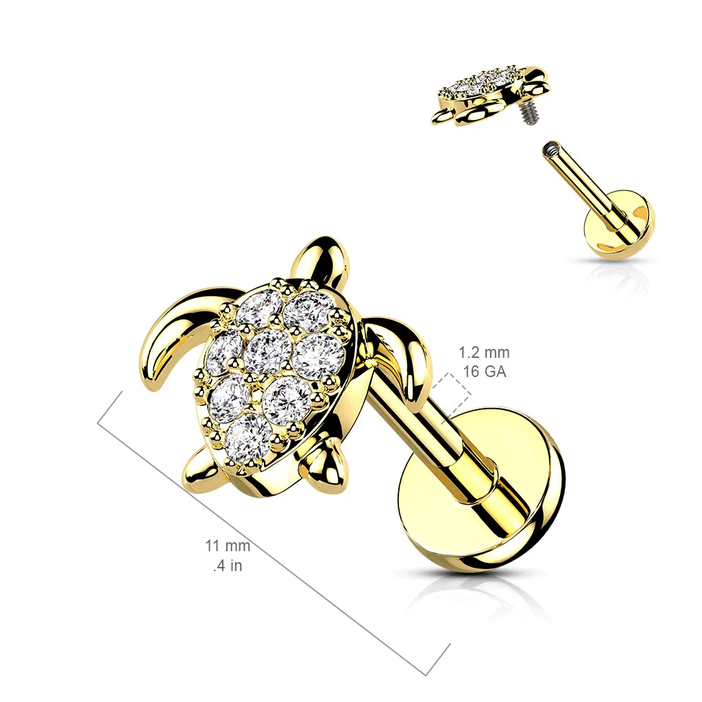 Crystal Sea Turtle Body Jewellery with Gold Plating. Labret, Monroe, Tragus and Cartilage Earrings.