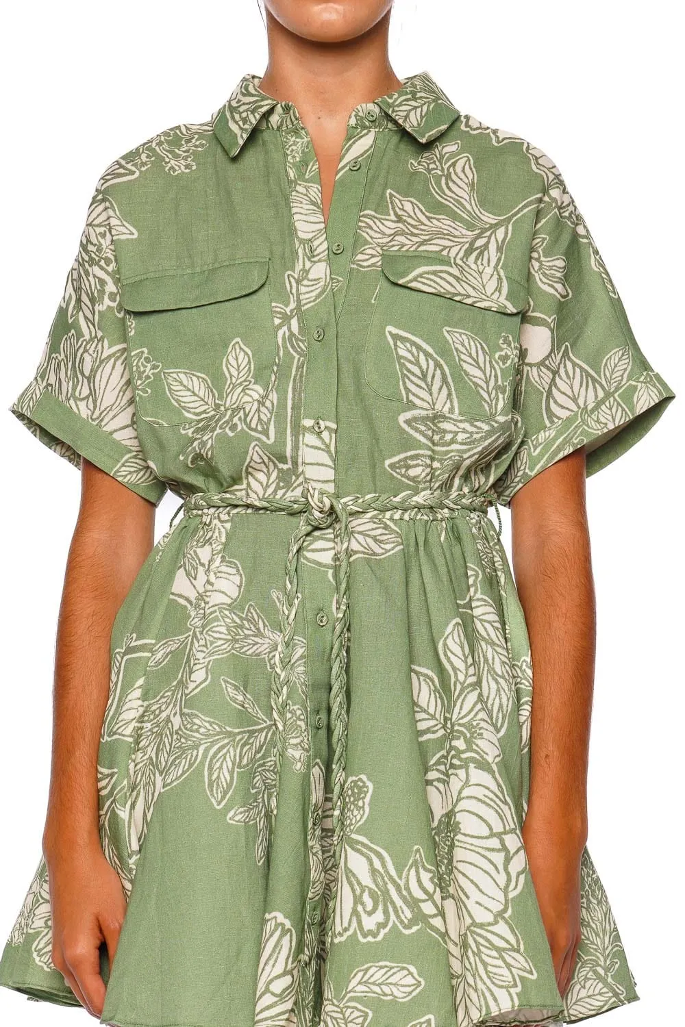 Dara Green Palm Belted Mini Shirt Dress