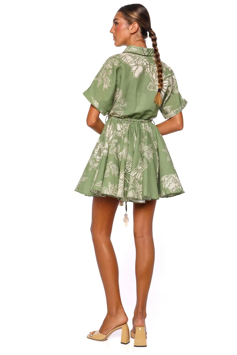 Dara Green Palm Belted Mini Shirt Dress