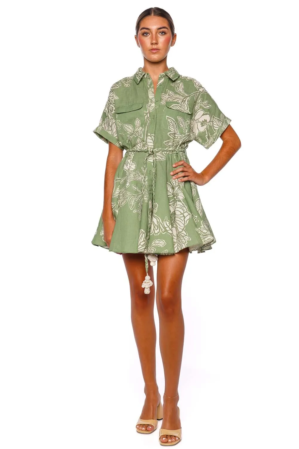 Dara Green Palm Belted Mini Shirt Dress