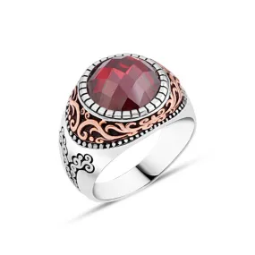 Dark Red Facet Cut Small Circle Zircon Stone Silver Men's Ring with Wavy Top Pattern