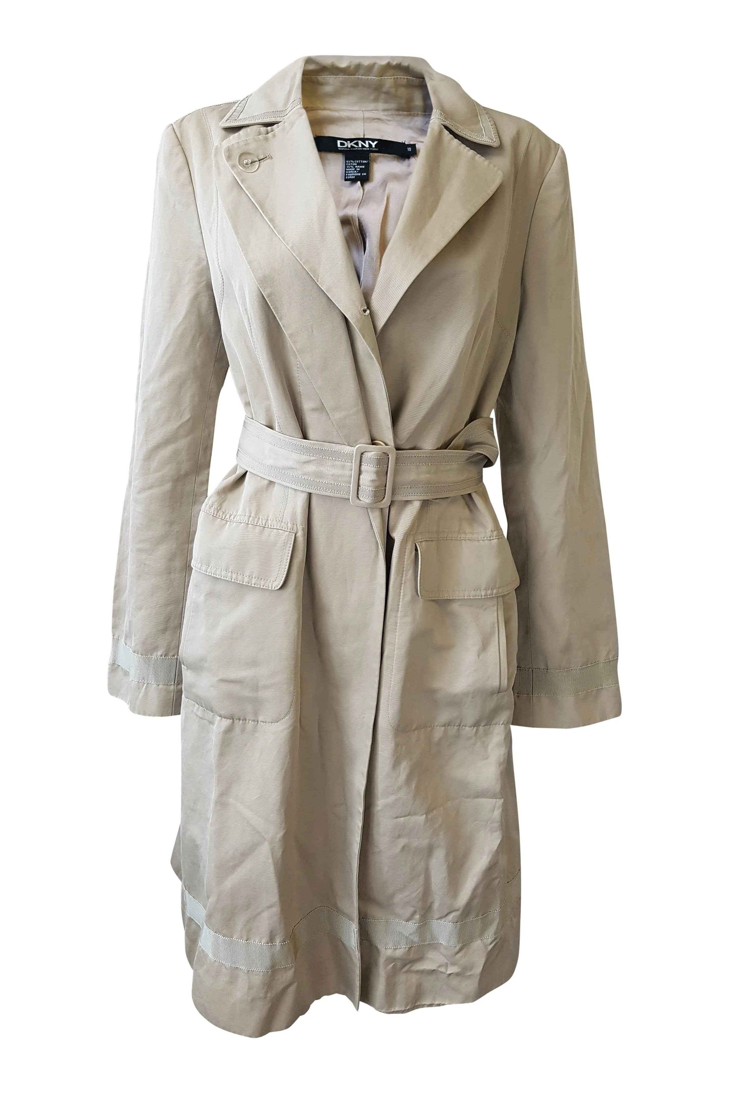 DKNY Cream Cotton Knee Length Belted Trench Coat (14)