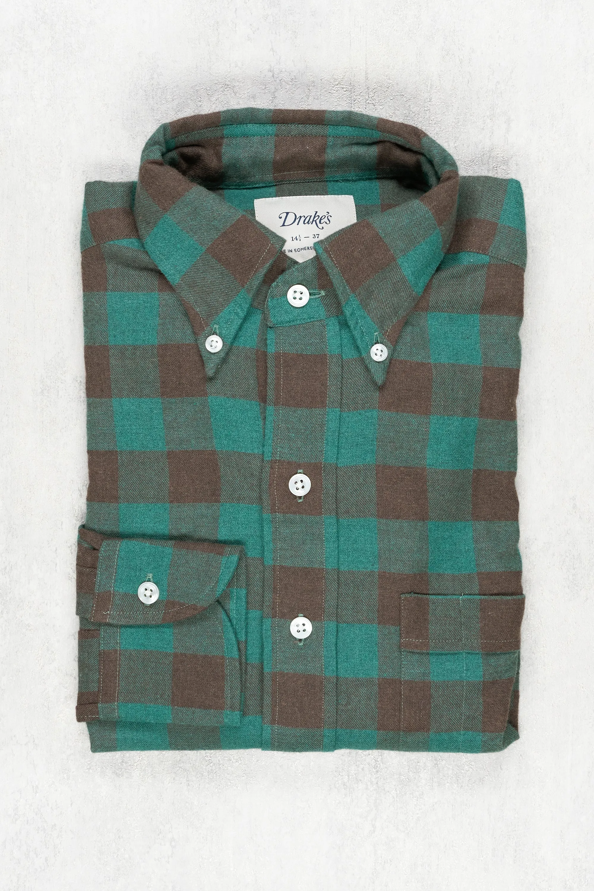 Drake's Green/Brown Check Cotton Button-down Shirt