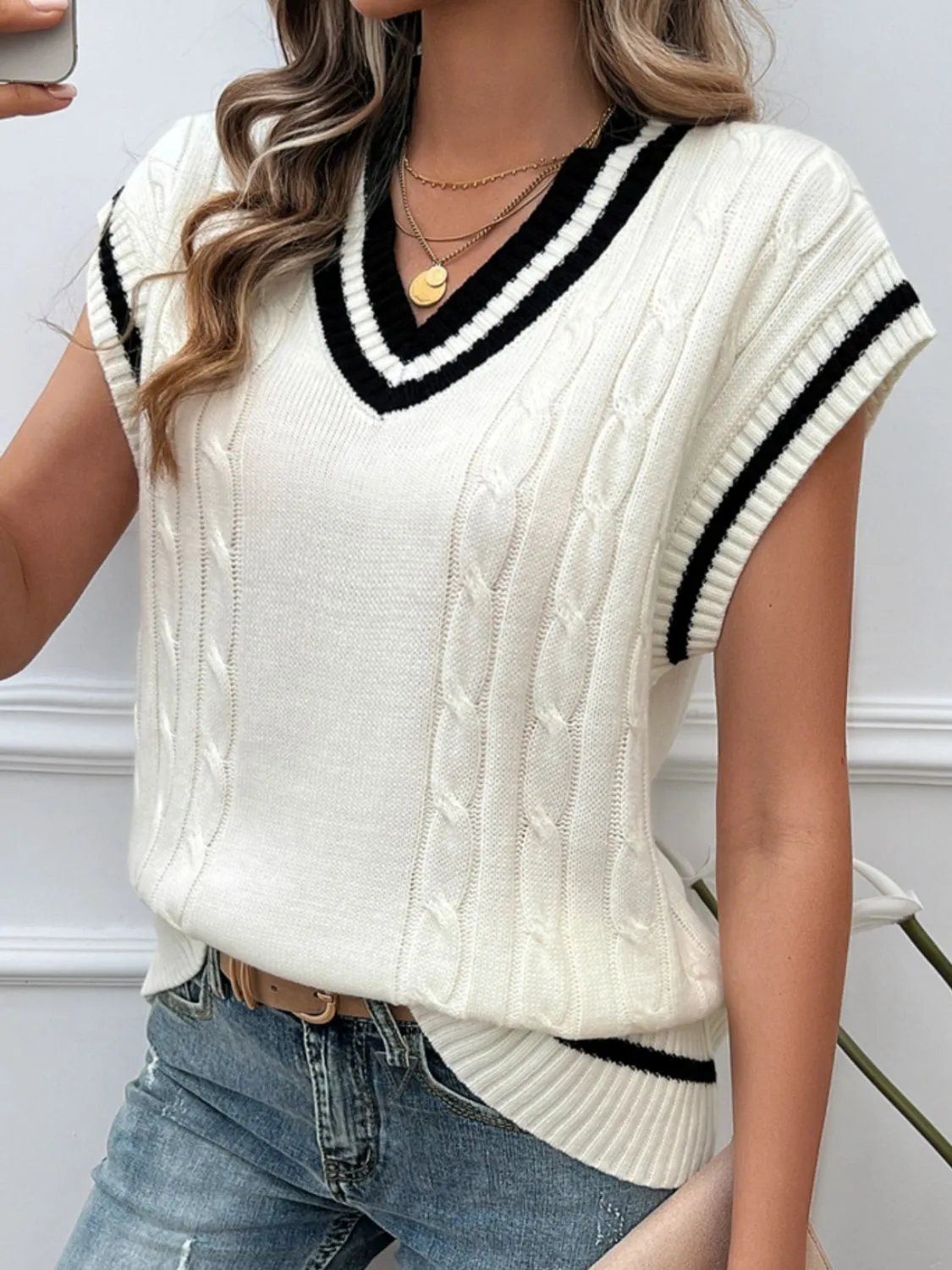 Explore More Collection - Cable-Knit V-Neck Sweater Vest