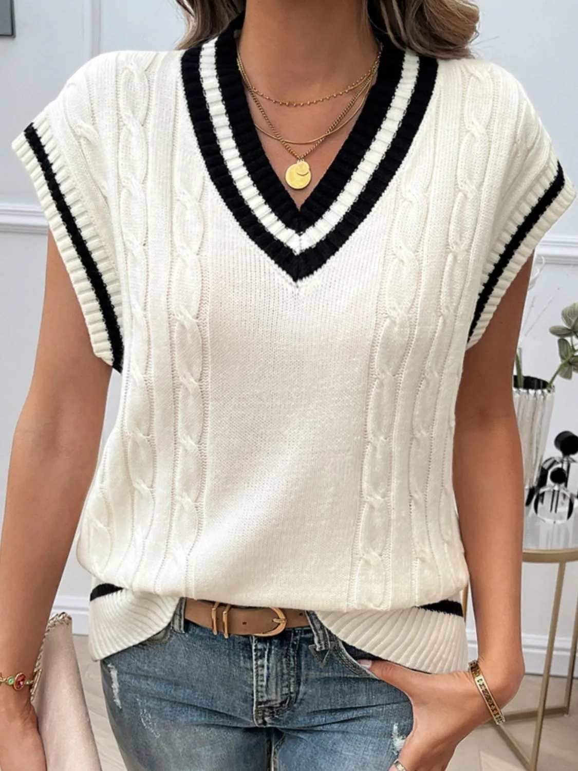 Explore More Collection - Cable-Knit V-Neck Sweater Vest