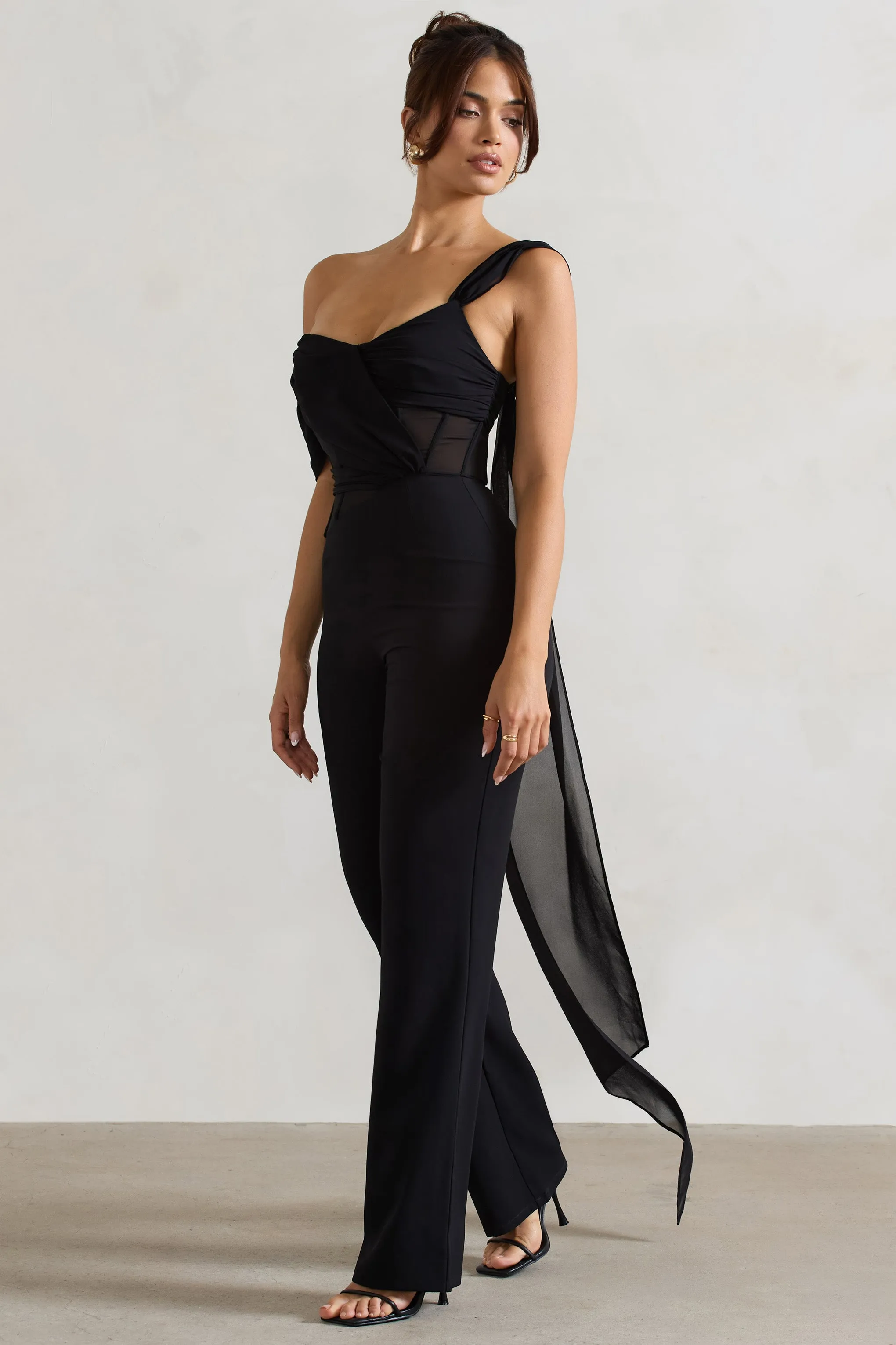 Fatale | Black Draped-Sleeve Corseted Jumpsuit With Sash