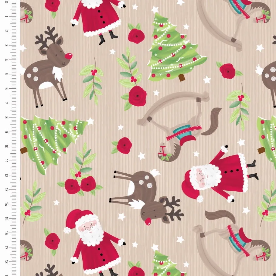 FS1161 Christmas Santa Snowglobes Friends Cotton Fabric Brown