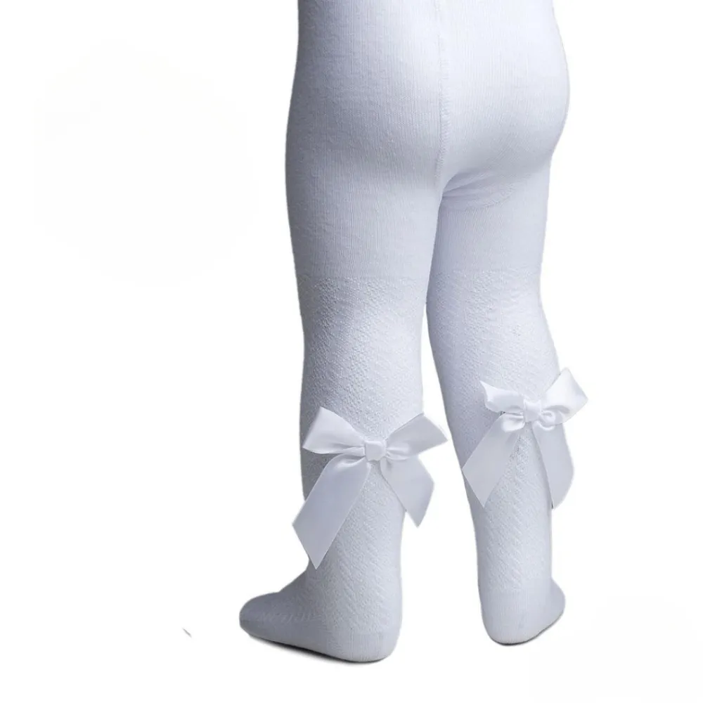 Girls White Chevron Bow Tights