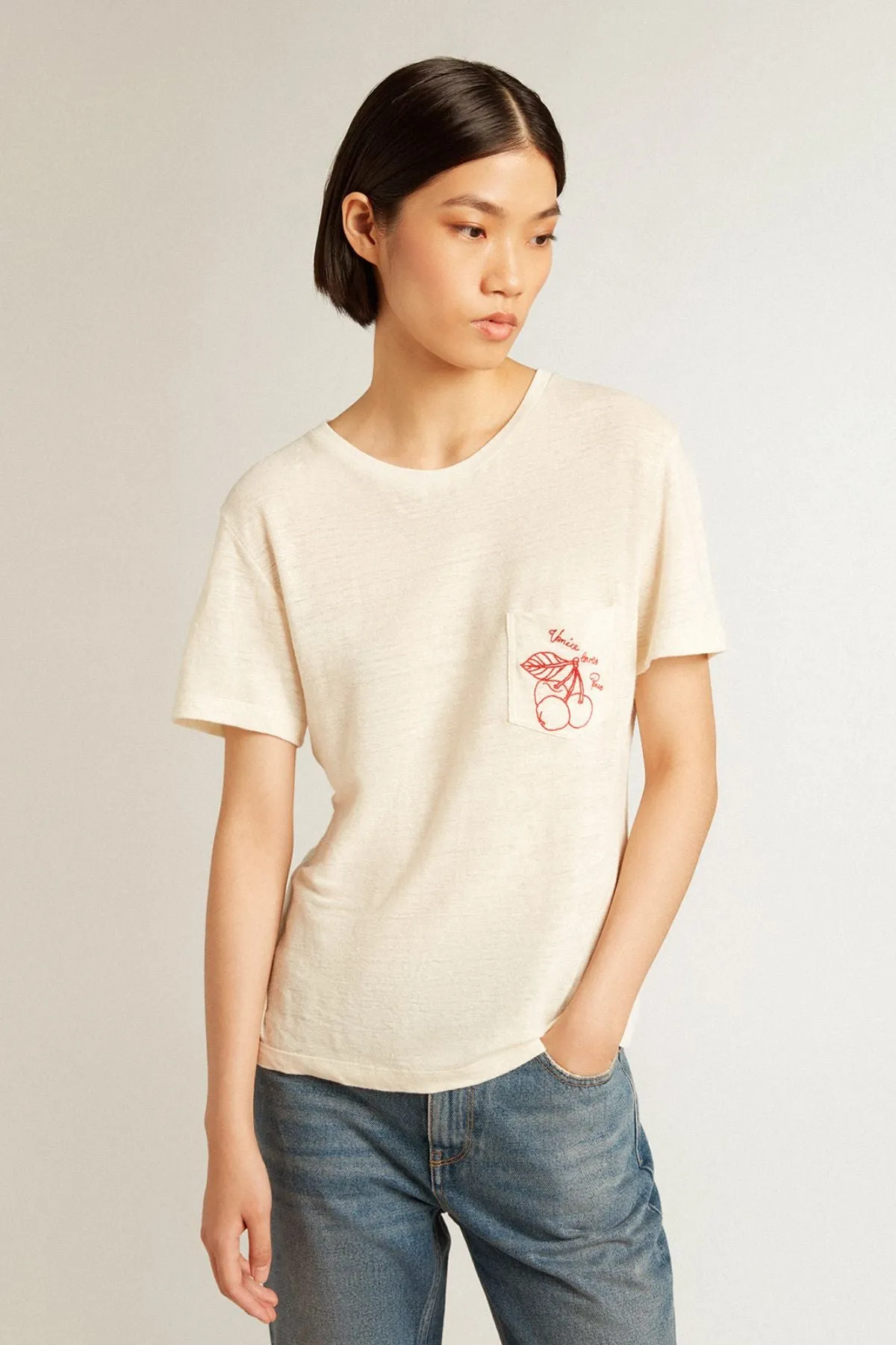 Golden Goose Embroidered Cherry T-Shirt - Heritage White/ Dark Red