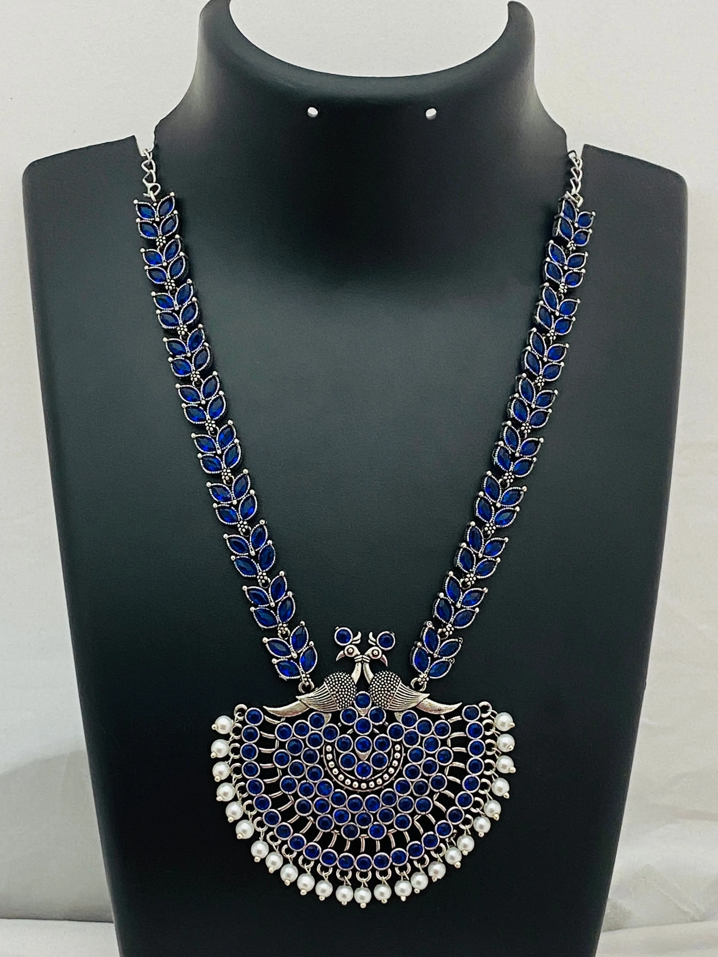 Gorgeous Blue Color Silver Oxidized Heavy Pendant Necklace With Earrings