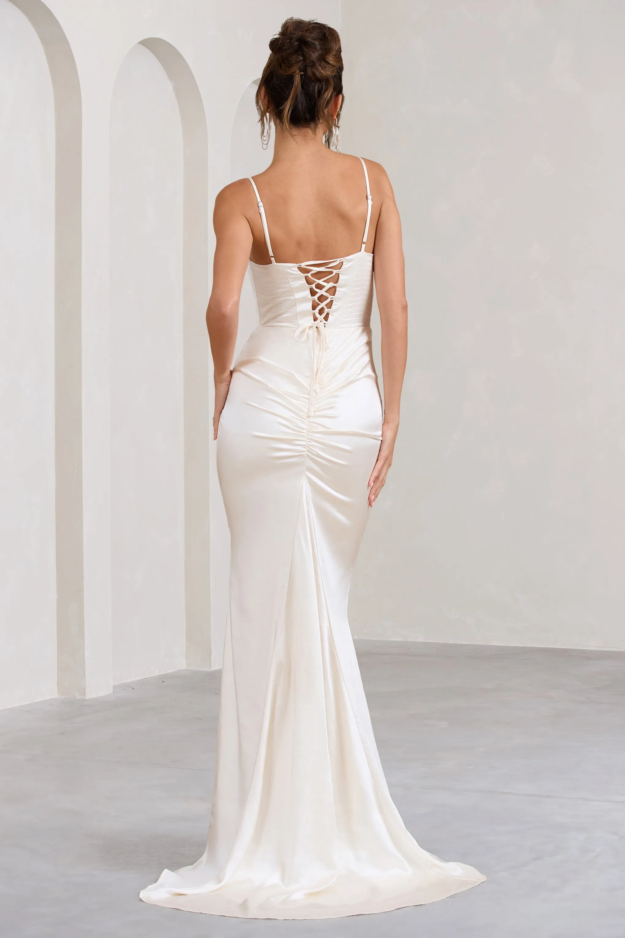 Grand Gift | Cream Satin Corset Draped Fishtail Maxi Dress