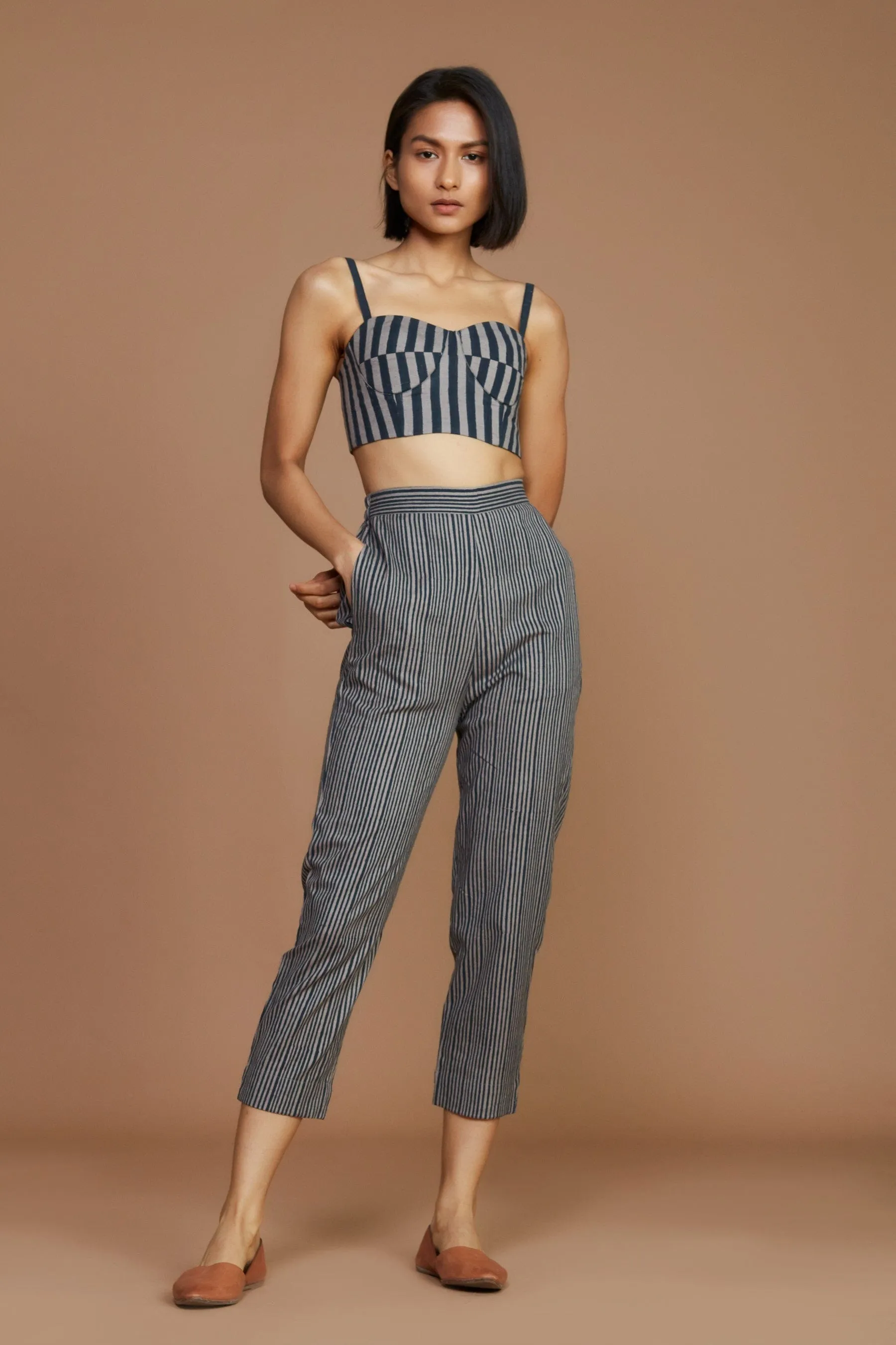 Grey with Charcoal Striped Corset & Pant Co-Ord Set (2 PCS)