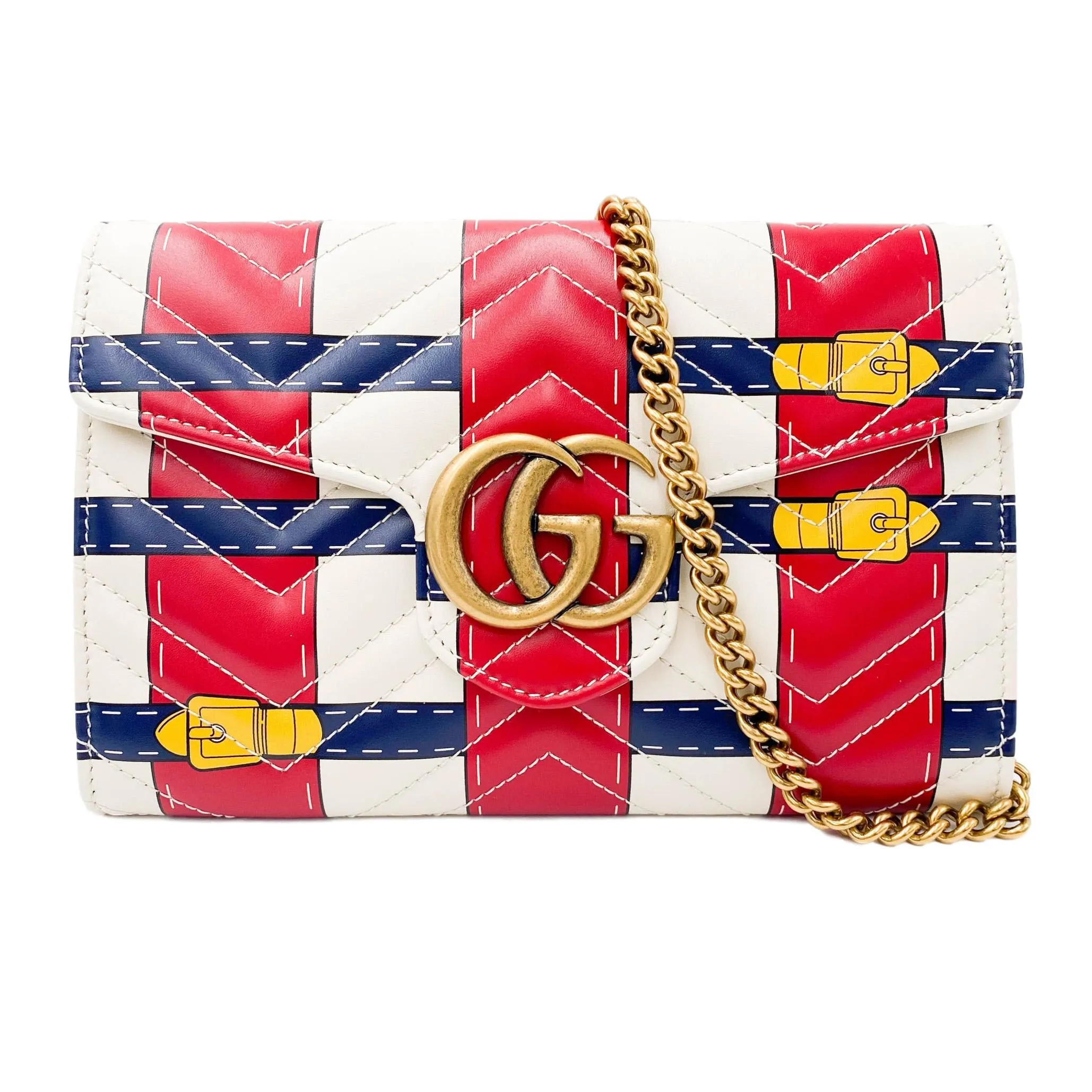 Gucci Marmont Chain Wallet Trompe L'oeil Red White Blue Leather Cross Body Bag