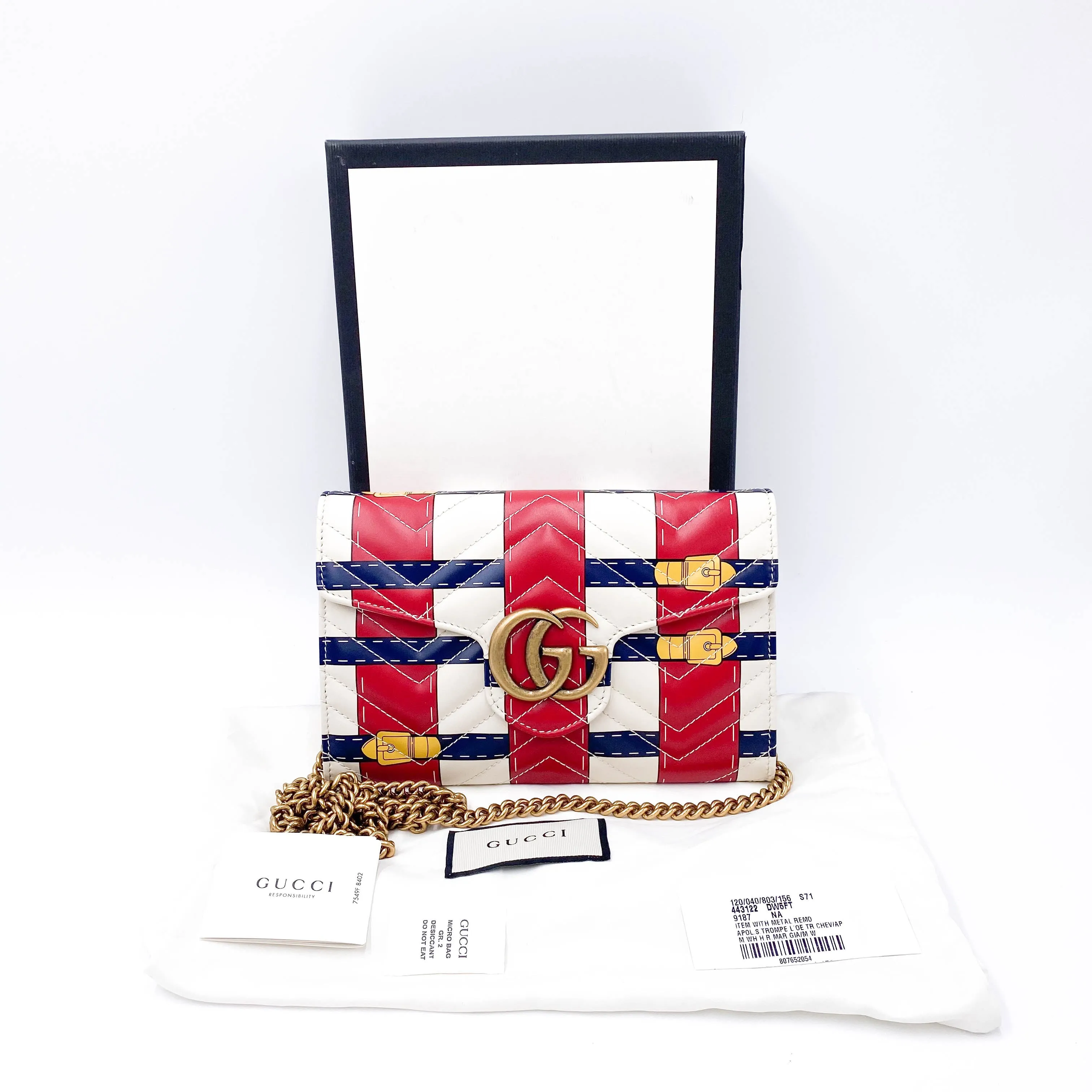 Gucci Marmont Chain Wallet Trompe L'oeil Red White Blue Leather Cross Body Bag