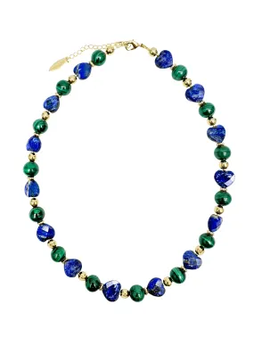 Heart-Shaped Lapis with Round Malachite Statement Necklace LN048