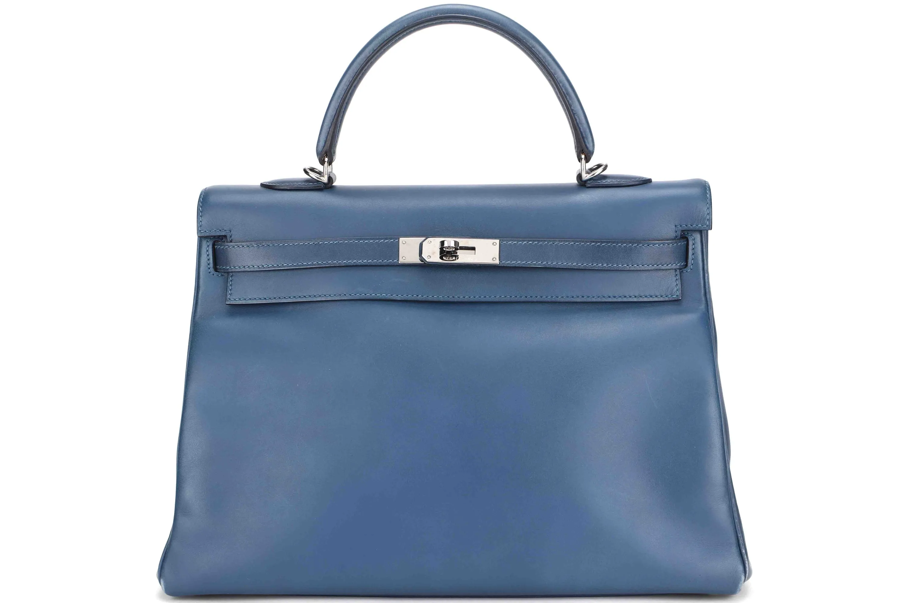 HERMES KELLY 35 (STAMP O) BLUE THALASSA SWIFT LEATHER SILVER HARDWARE, WITH KEYS, LOCK, STRAP & DUST COVER