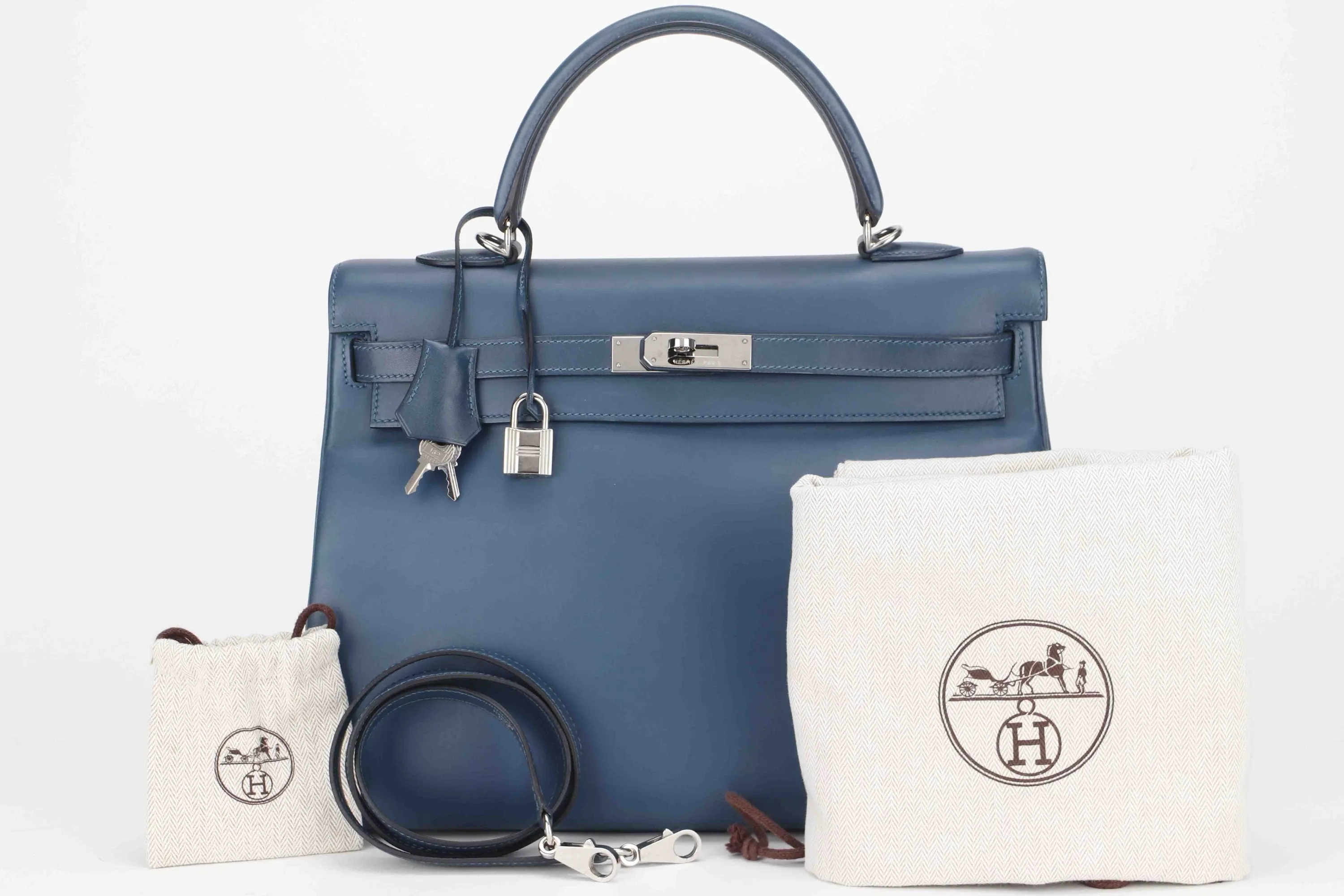 HERMES KELLY 35 (STAMP O) BLUE THALASSA SWIFT LEATHER SILVER HARDWARE, WITH KEYS, LOCK, STRAP & DUST COVER