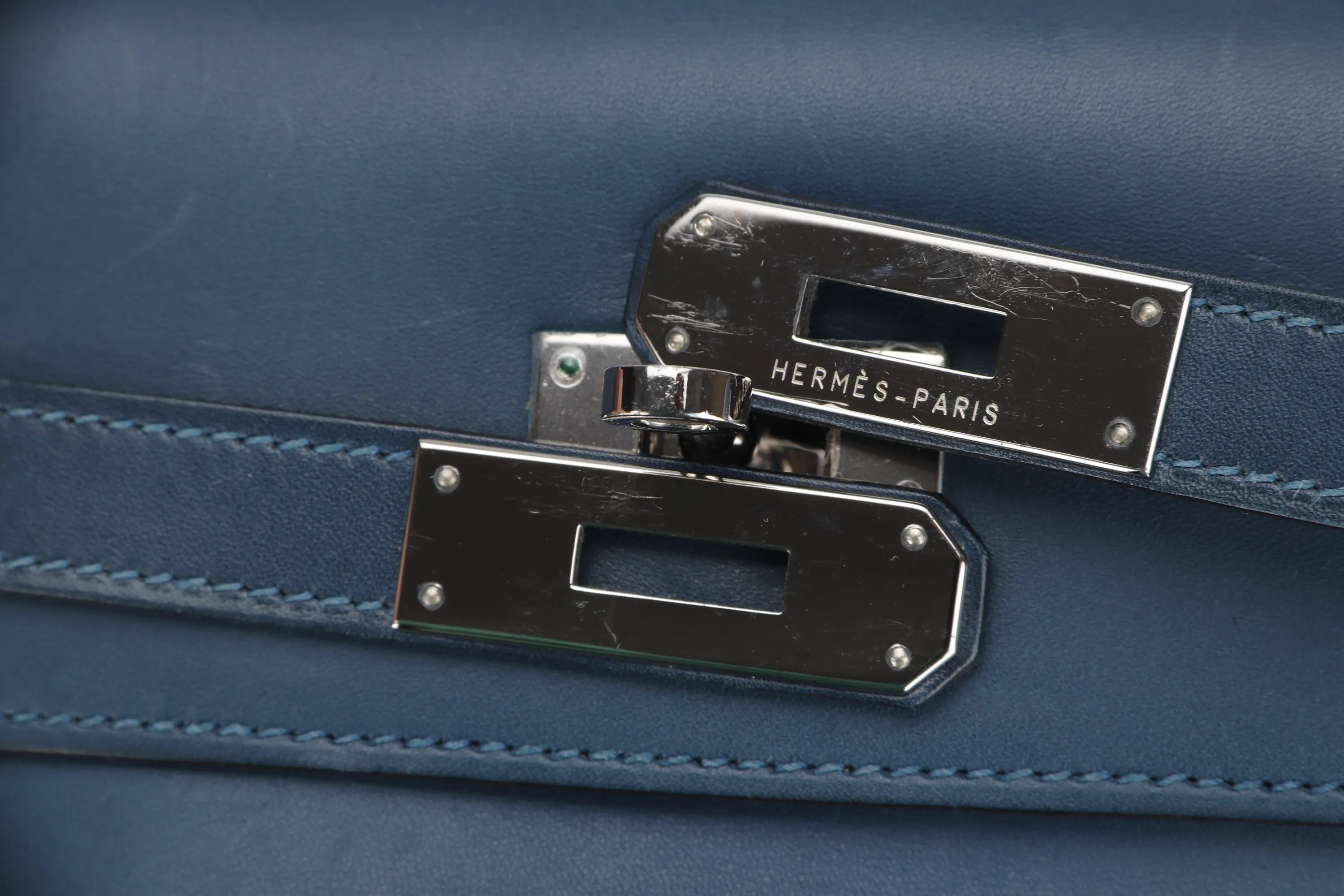 HERMES KELLY 35 (STAMP O) BLUE THALASSA SWIFT LEATHER SILVER HARDWARE, WITH KEYS, LOCK, STRAP & DUST COVER