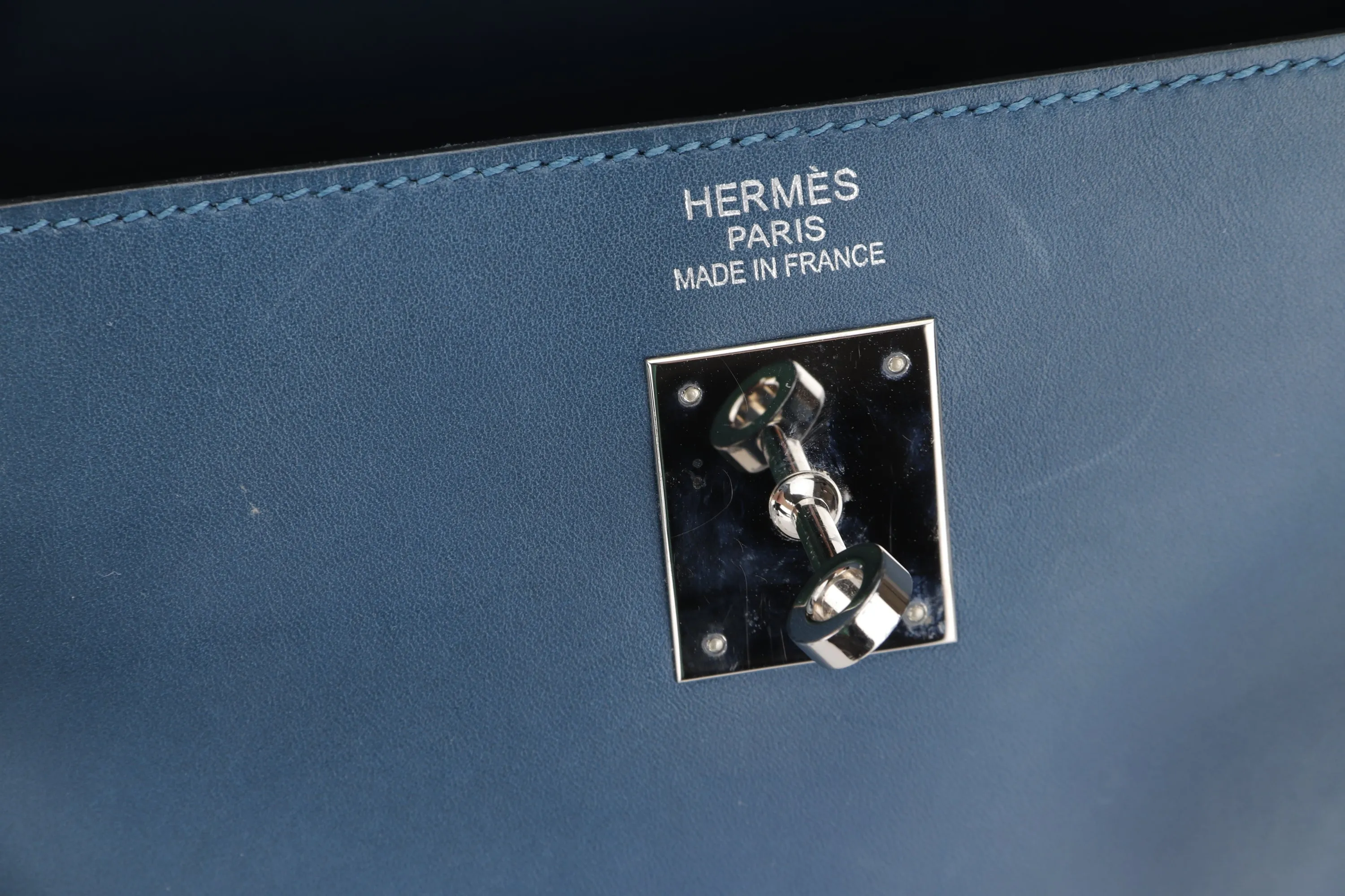 HERMES KELLY 35 (STAMP O) BLUE THALASSA SWIFT LEATHER SILVER HARDWARE, WITH KEYS, LOCK, STRAP & DUST COVER