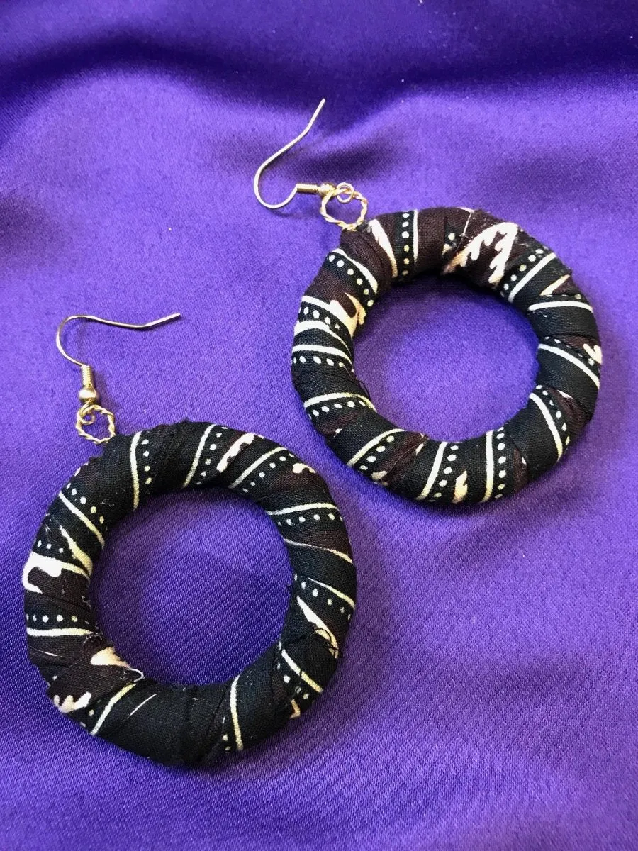 Hippie Earrings in Black Ankara Print - Zeros waste