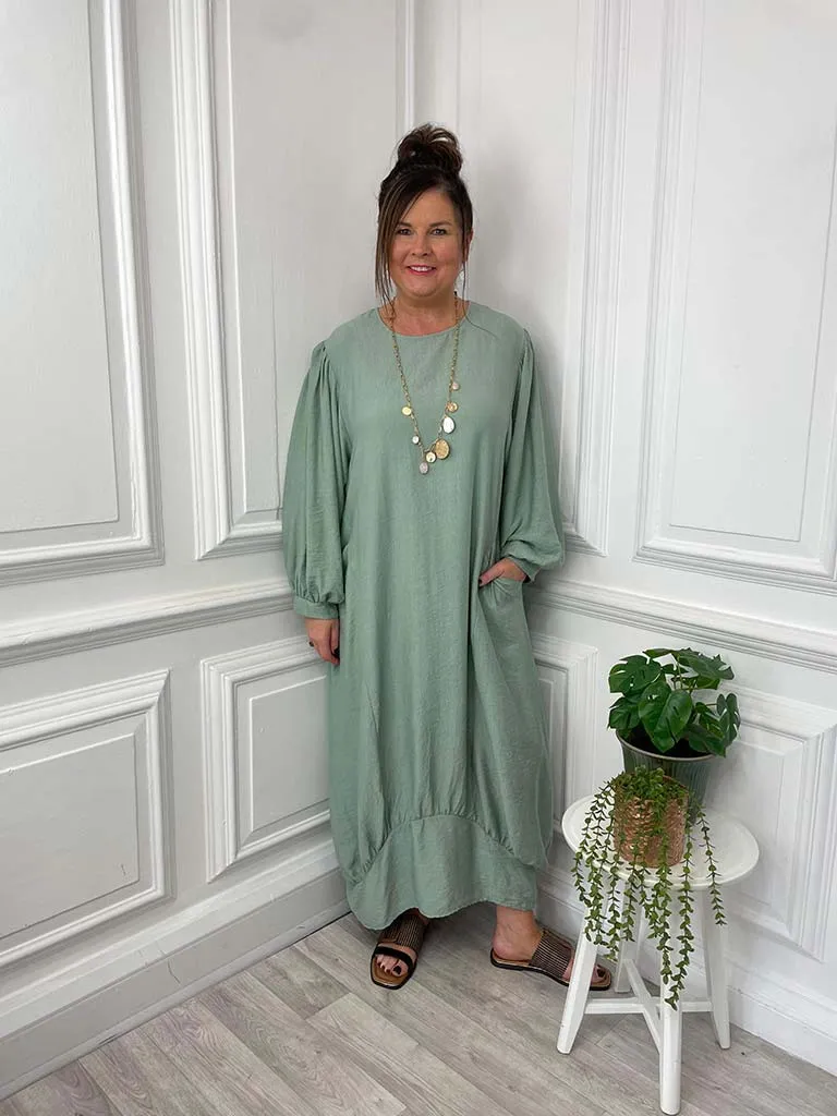 I.D Balloon Sleeve Pocket Maxi Dress - Sage