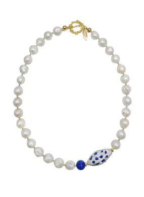 Irregular Freshwater Pearls with Lapis Rhinestone Statement Necklace JN027