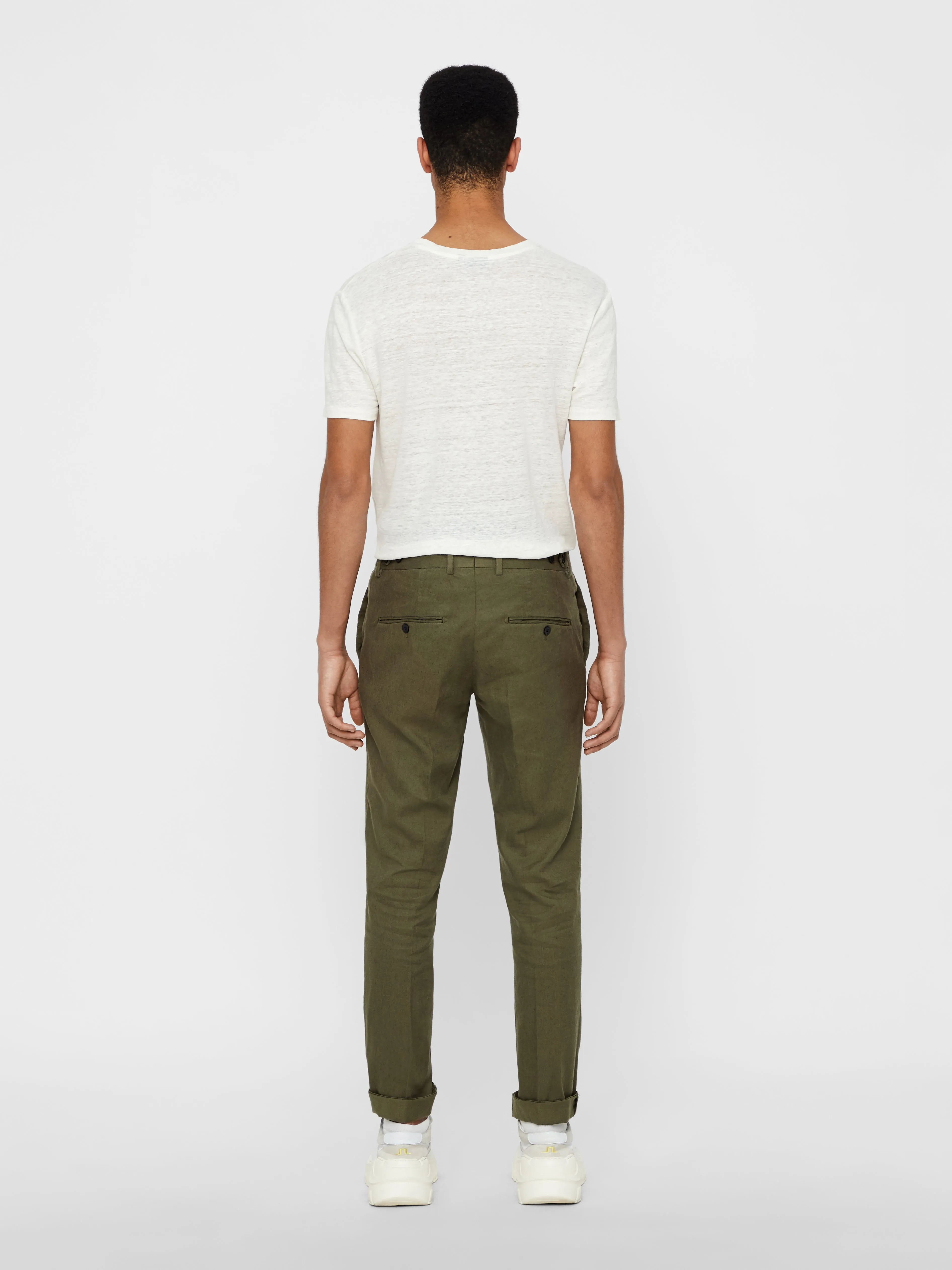 J.Lindeberg Mens Grant Cotton Linen Stretch Pants - IVY GREEN