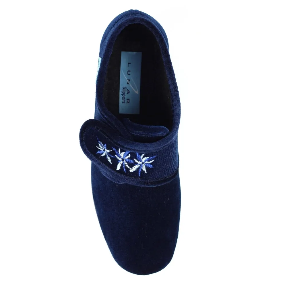 Ladies Bedroom Slippers Lunar Wedge Heel Navy Paula Strap Over