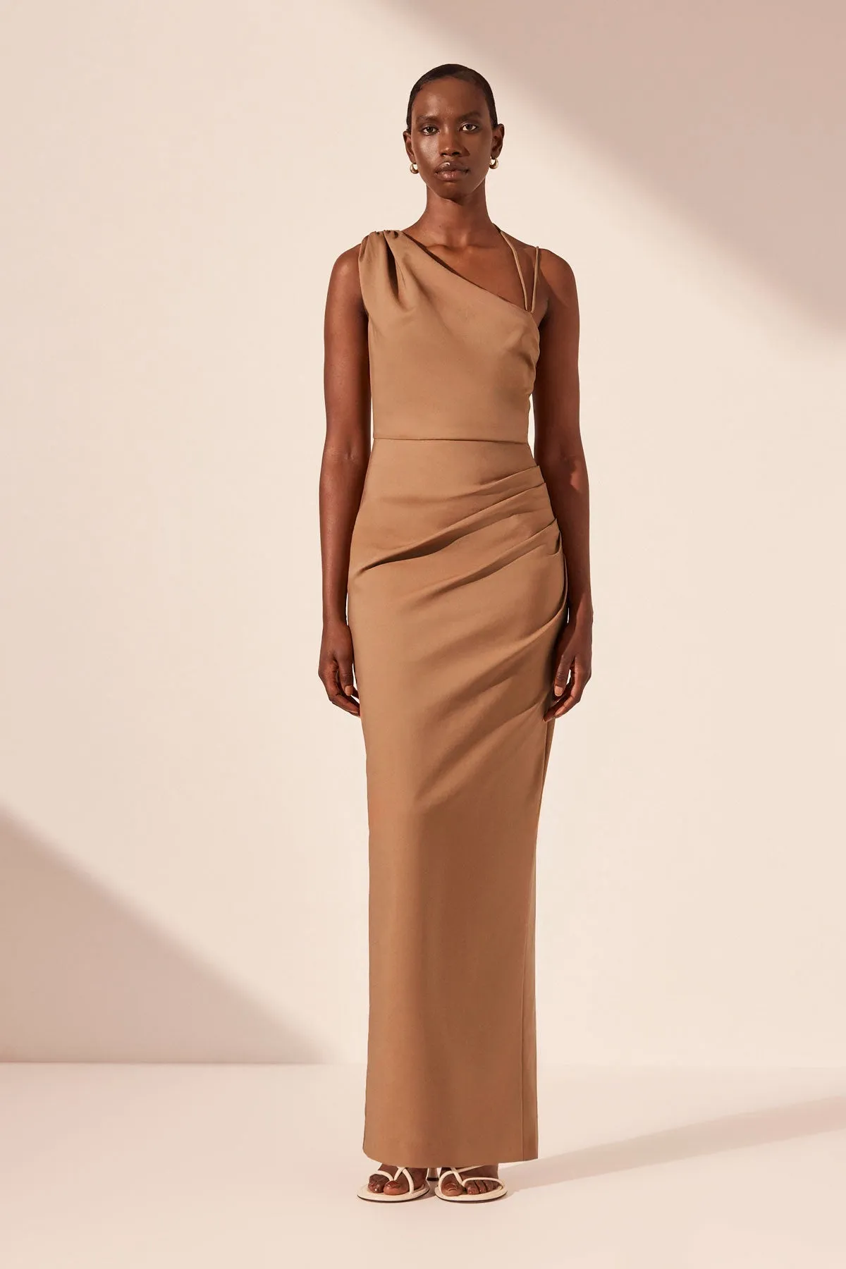 LANI ASYMMETRICAL GATHERED MAXI DRESS - CINNAMON