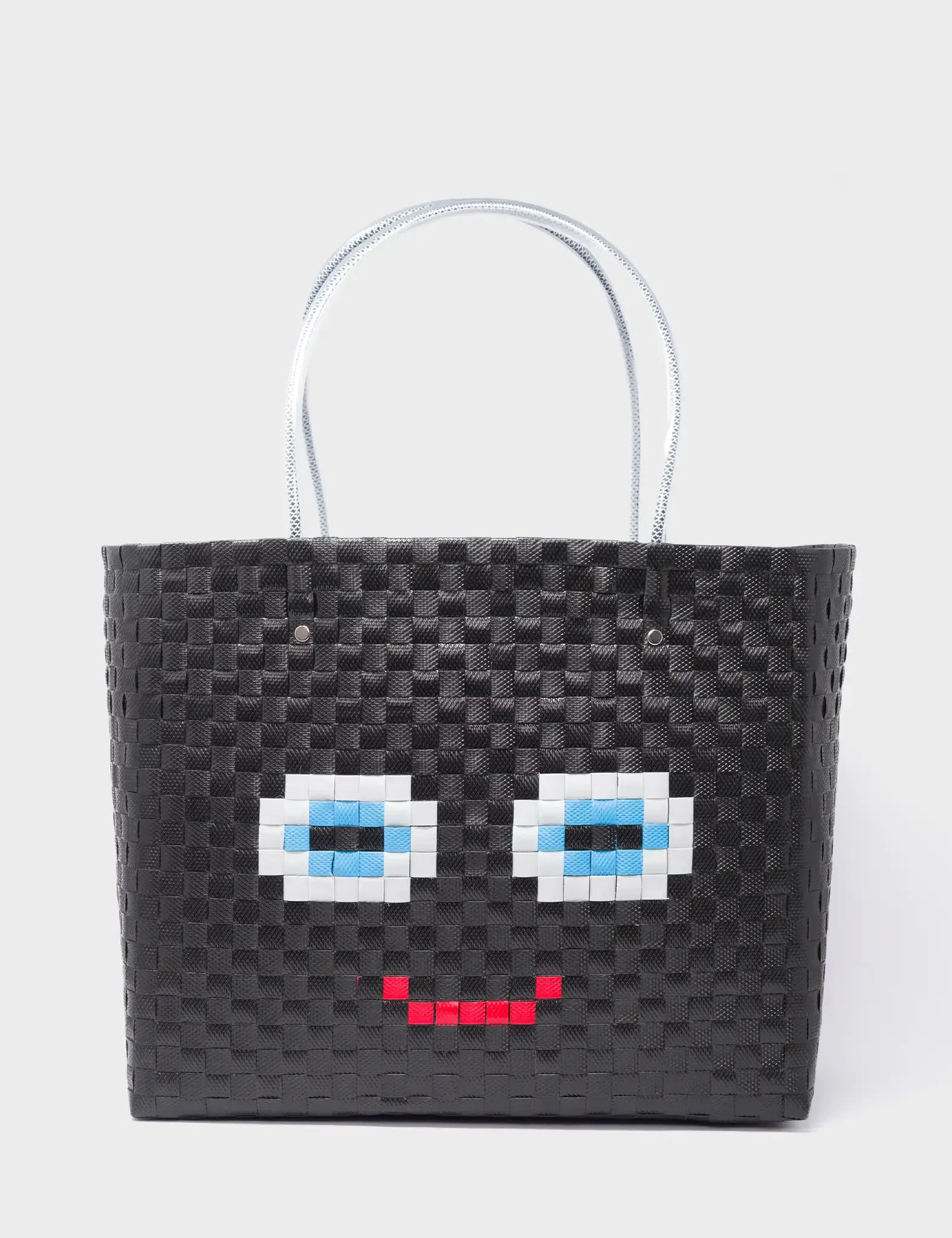 Large Black Handwoven Market Bag - Happy Face Design