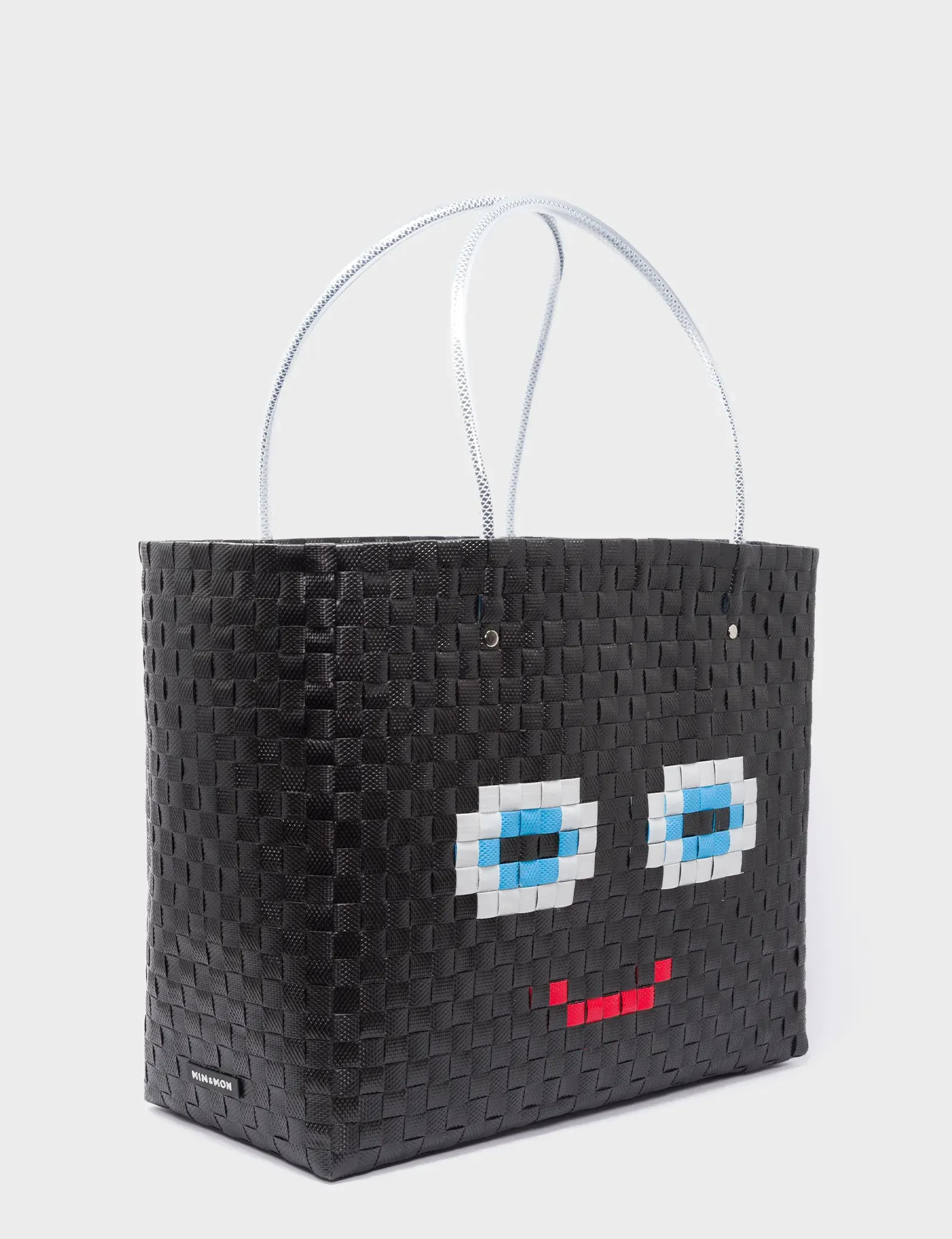 Large Black Handwoven Market Bag - Happy Face Design