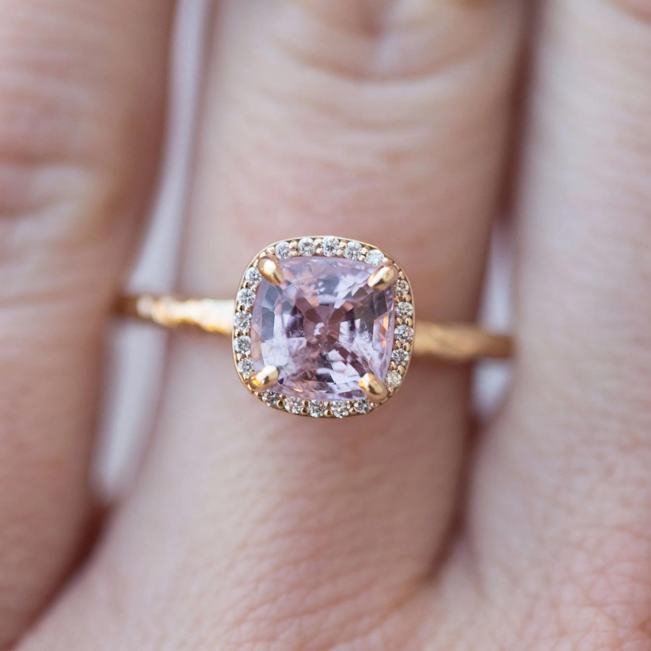 Lavender Lilac Cushion Spinel and Diamond Engagement Ring in Hand Carved Recycled Yellow Gold Earthy Setting - Gemstone Engagement Ring by Anueva Jewelry