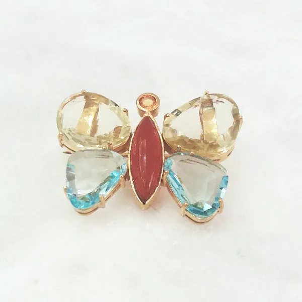 Lemon Quartz, Citrine, Carnelian & Blue Topaz Butterfly Brooch Pin