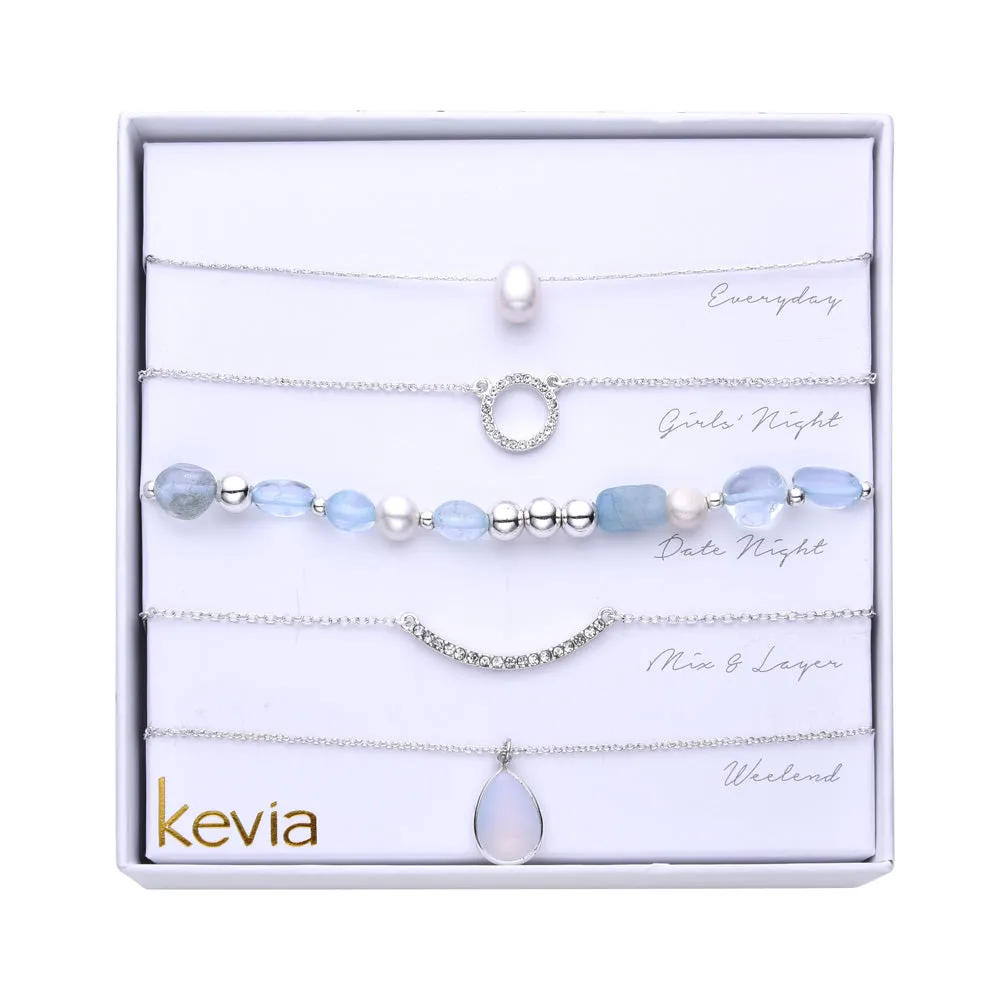 Light Blue, Silver, & Pearl Necklace Set