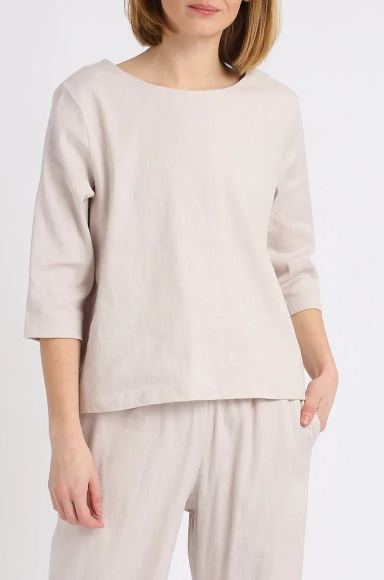 LINEN COTTON JEWEL NECK EASY 3/4 SLEEVE TOP