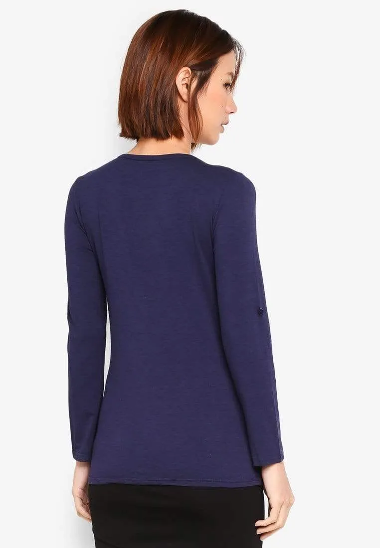 Long Sleeved Bamboo Cotton Venus Pleats Row Nursing Top Navy