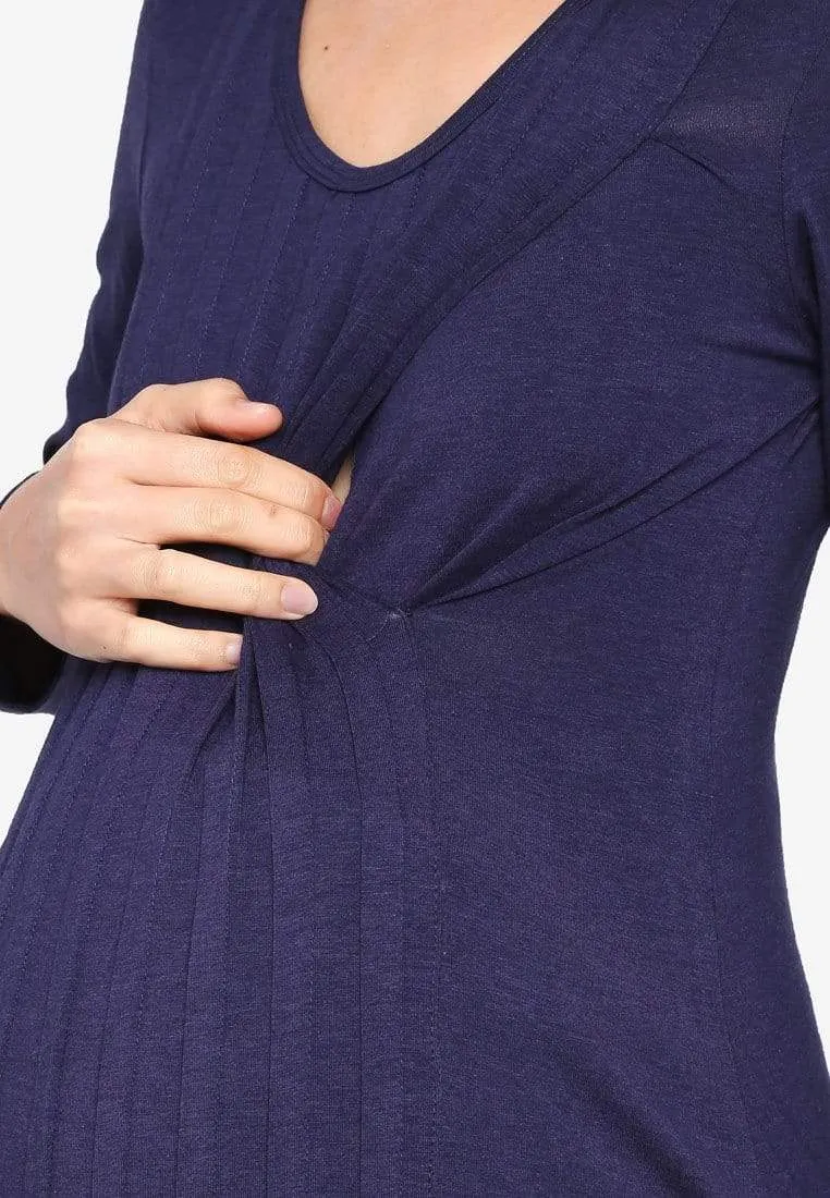 Long Sleeved Bamboo Cotton Venus Pleats Row Nursing Top Navy