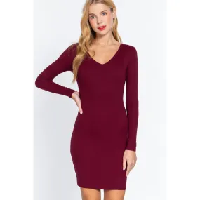 Long Slv V-neck Mini Rib Dress