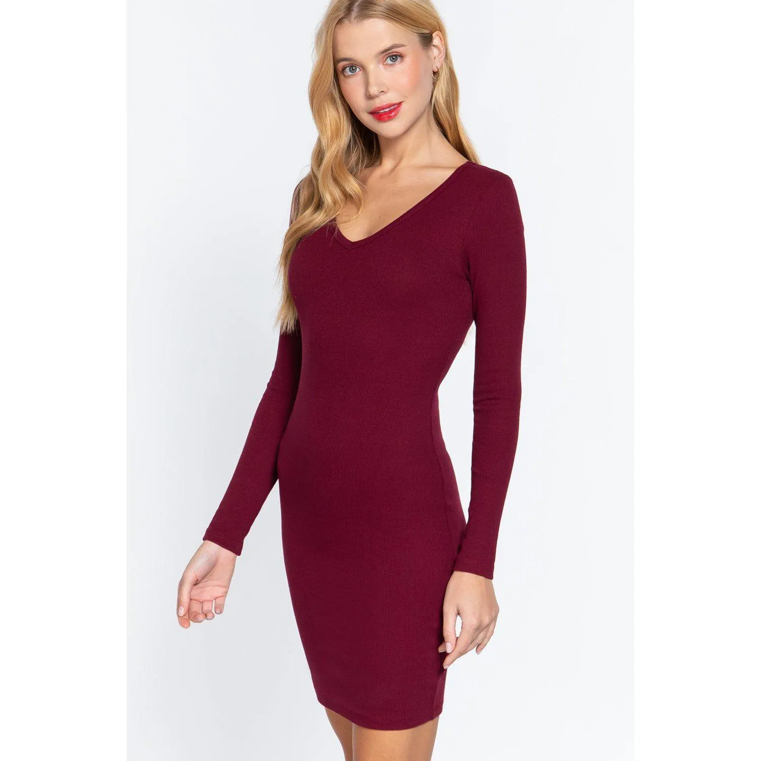 Long Slv V-neck Mini Rib Dress