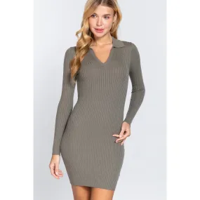 Long Slv V-neck Sweater Rib Mini Dress