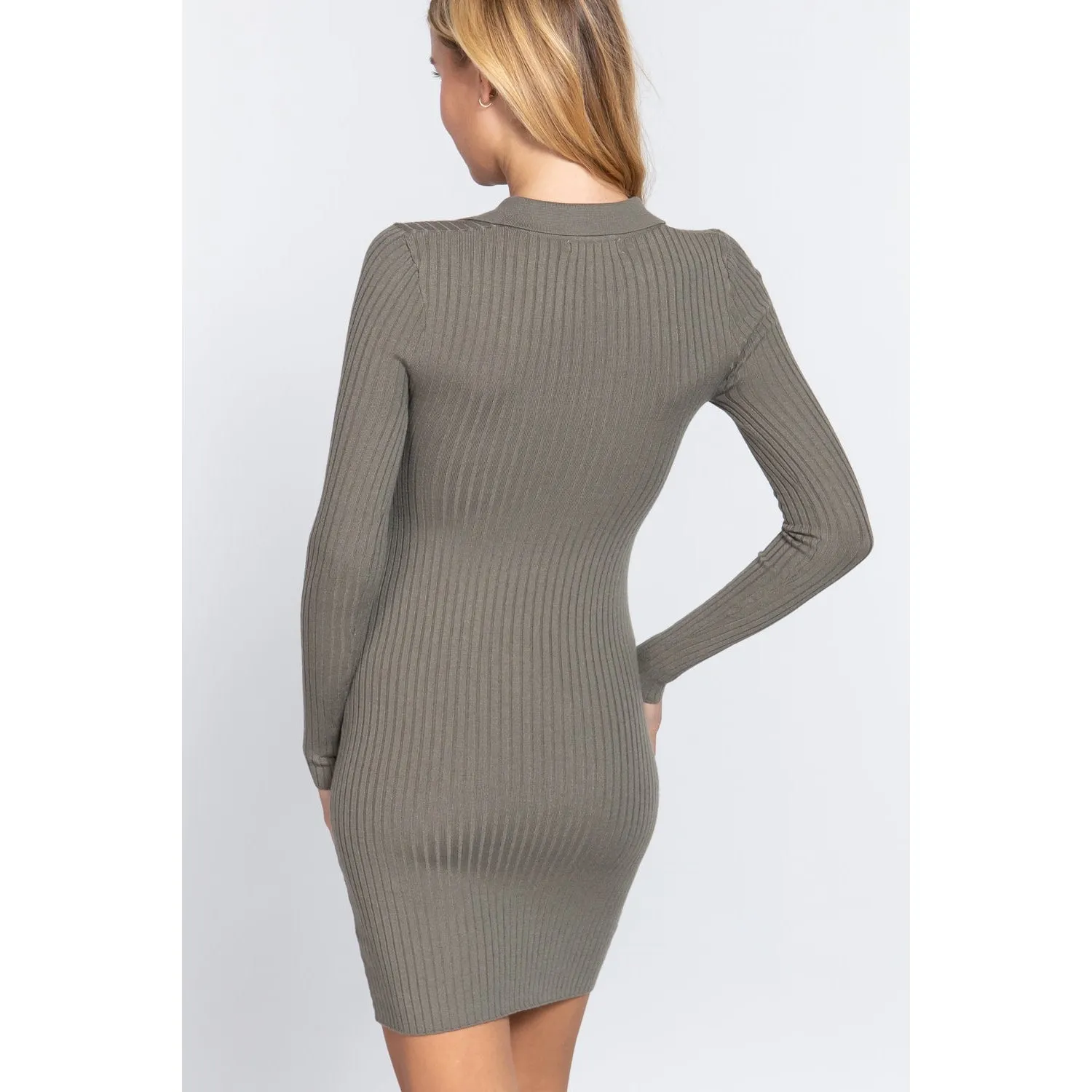 Long Slv V-neck Sweater Rib Mini Dress