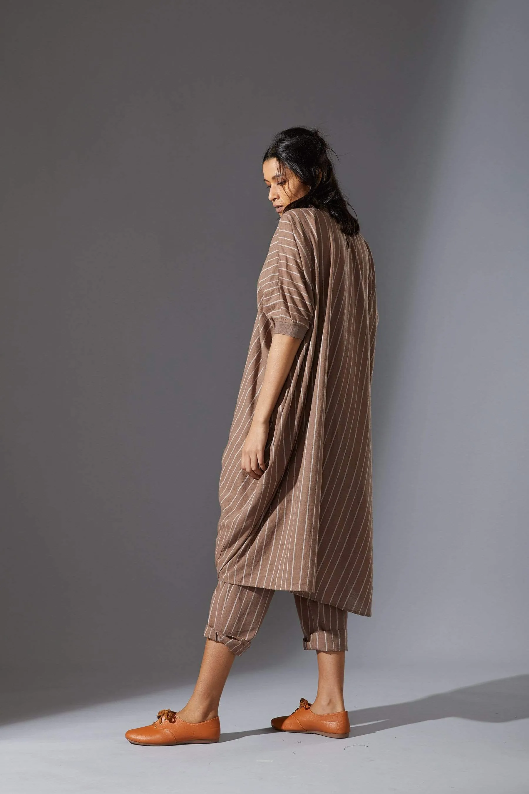 Mati Ribbed Collar Beige Cowl Tunic Set with Pants