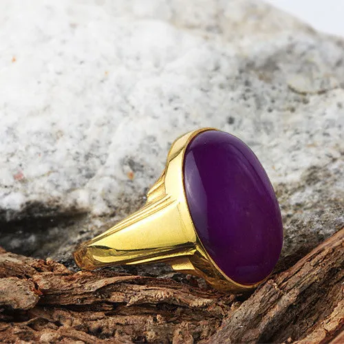 Mens 14k Gold Ring with Natural Purple Agate Stone