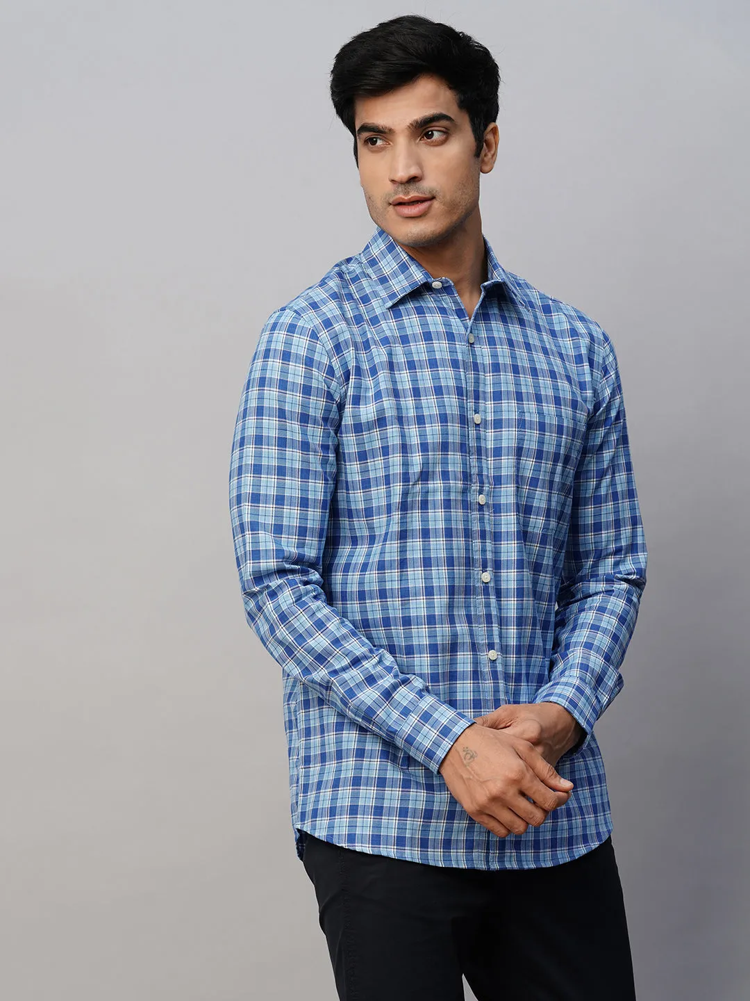 Men's Blue Cotton Regular Fit Checked Shirt