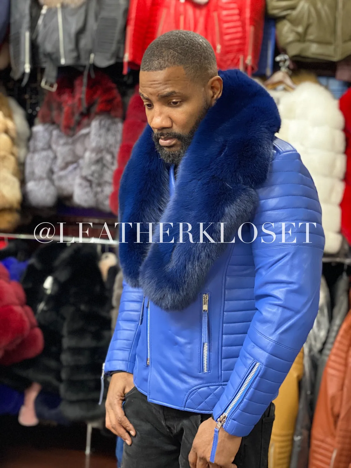 Men's Jay Biker Royal Blue With Full Fox Fur Collar