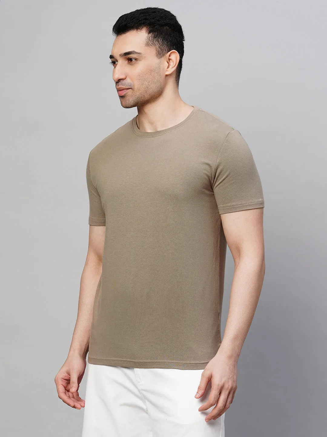 Men's Khaki Cotton Bamboo Elastane Regular Fit Tshirt