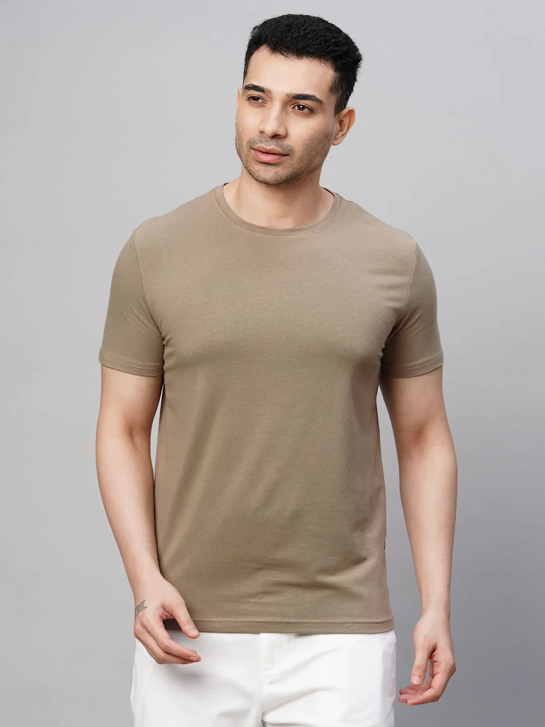 Men's Khaki Cotton Bamboo Elastane Regular Fit Tshirt