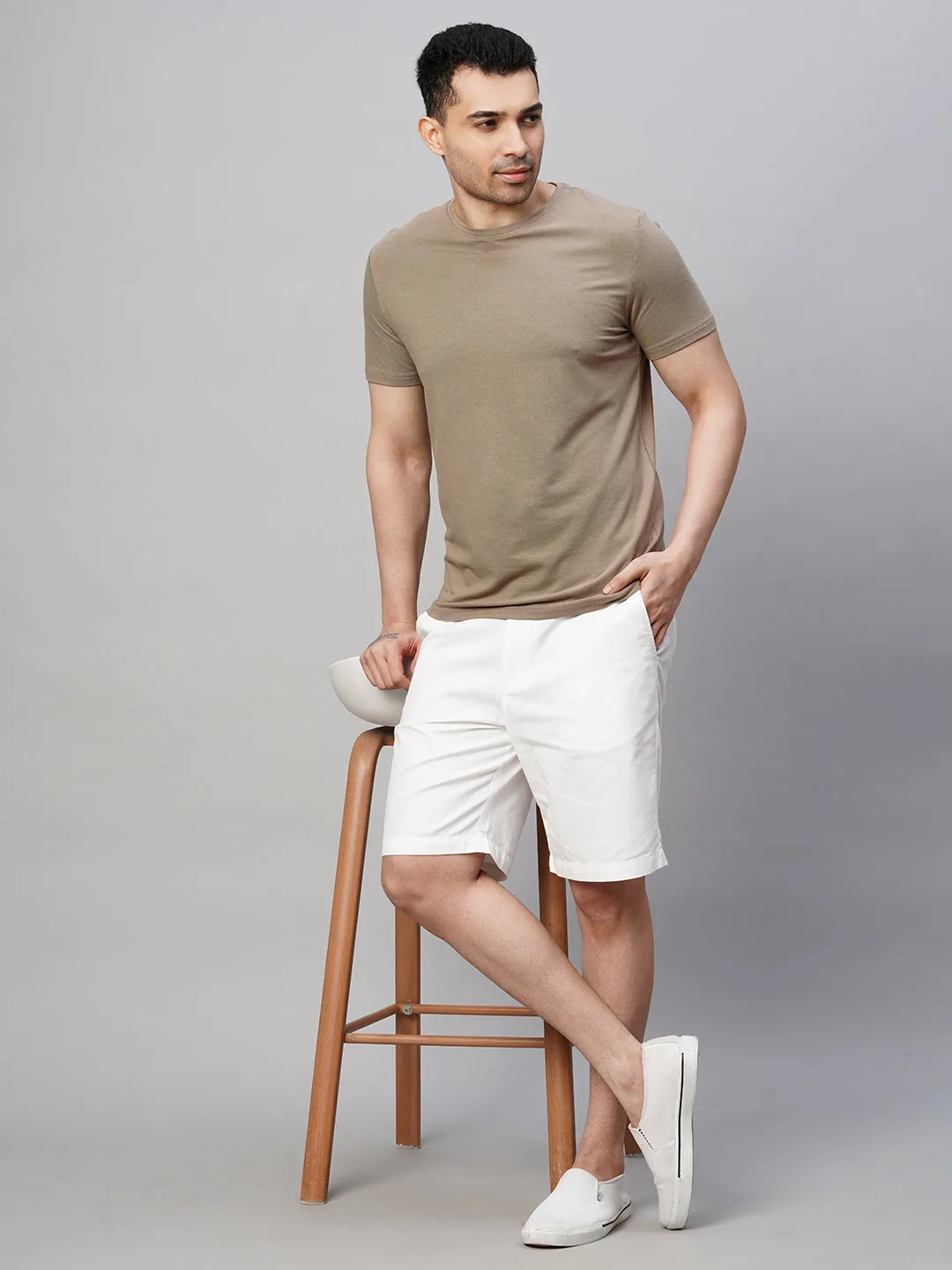 Men's Khaki Cotton Bamboo Elastane Regular Fit Tshirt